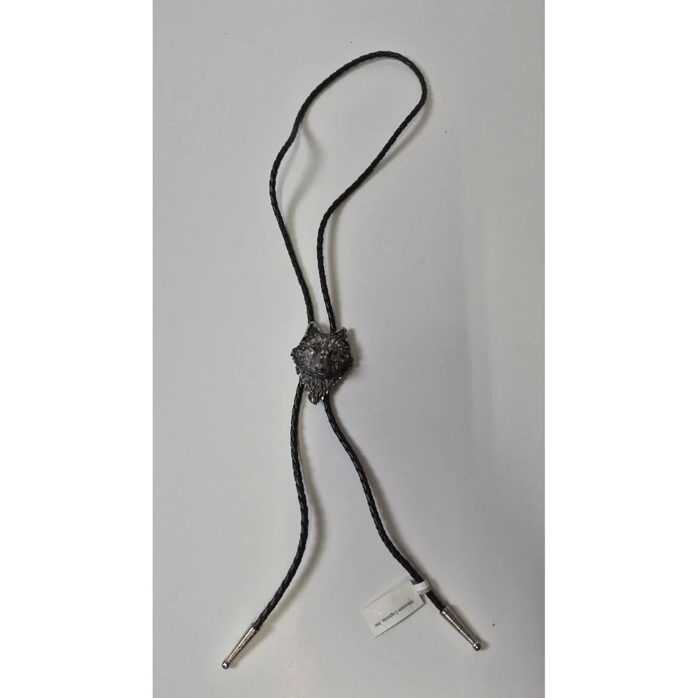 Western Express Wolf Head Bolo Tie Black Braided Cord Pewter Tone BT-375 USA